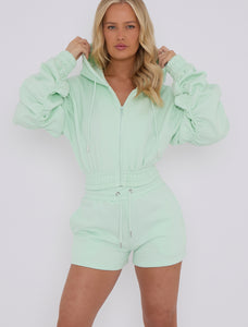 Ladies mint green woman’s ruched sleeve summer hoody and shorts sets