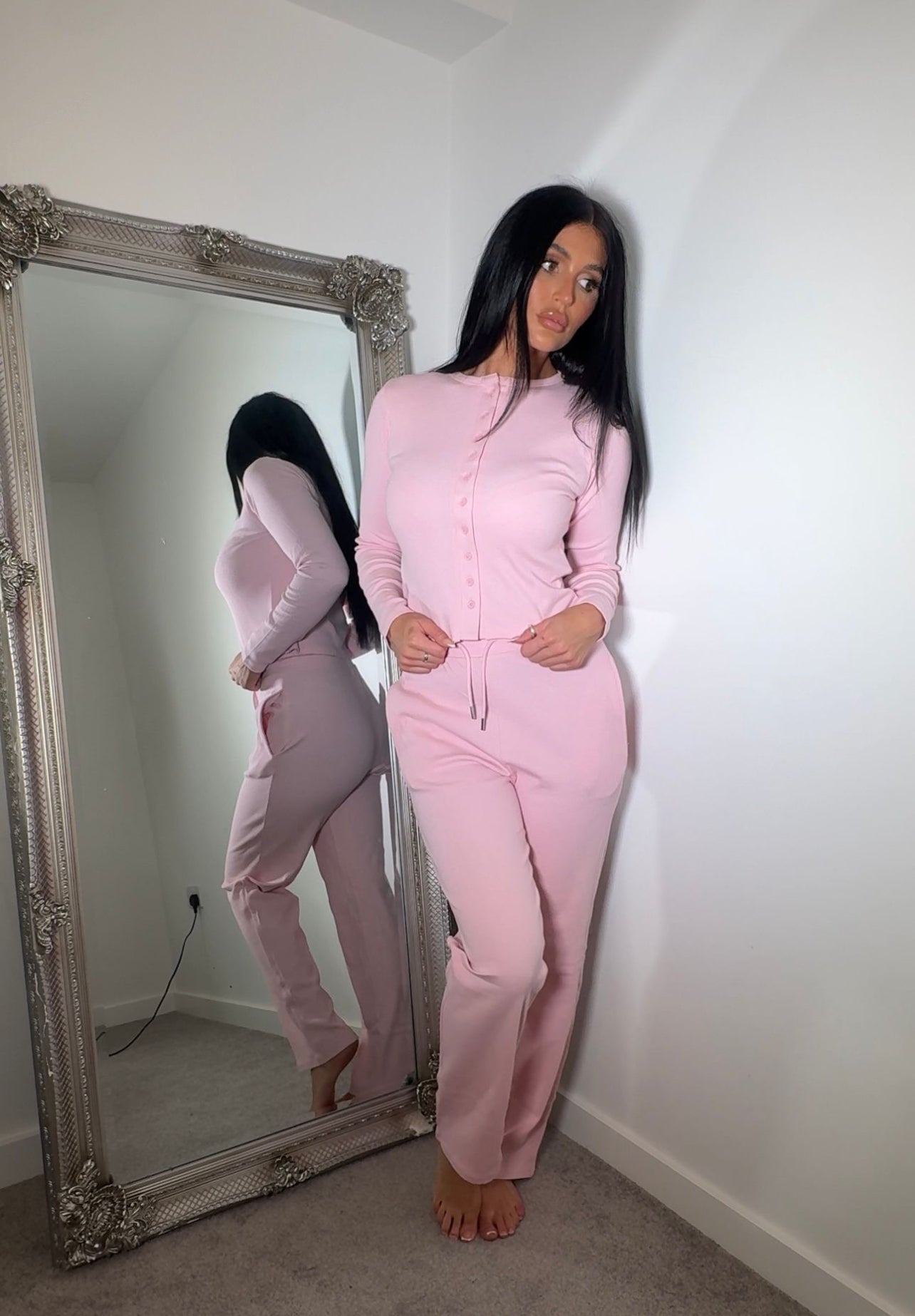 Ladies woman’s pink Mae ribbed button up loungewear sets
