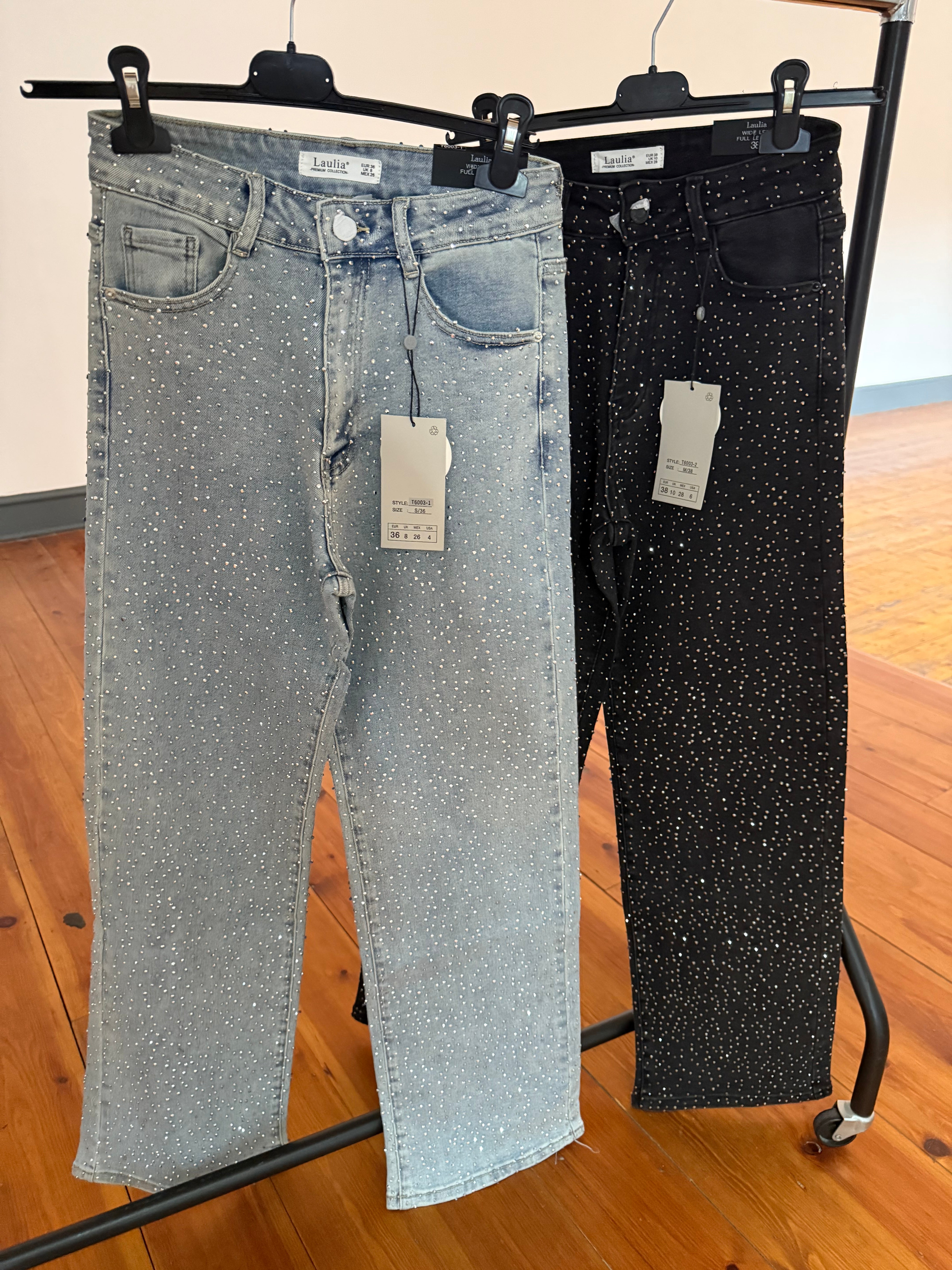 Our Tara diamanté stretchy denim jeans black or denim blue