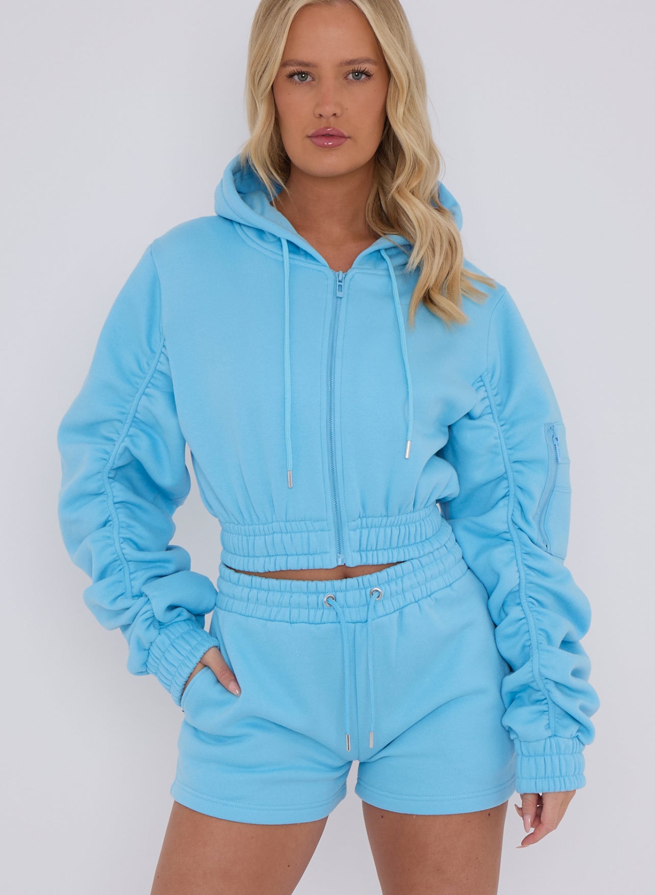 Ladies baby blue ruched sleeve summer hoody and shorts sets