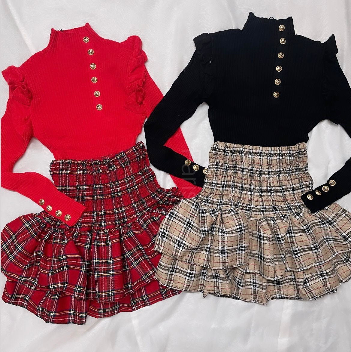 Our Regan ra ra skirts (red tartan or beige print)