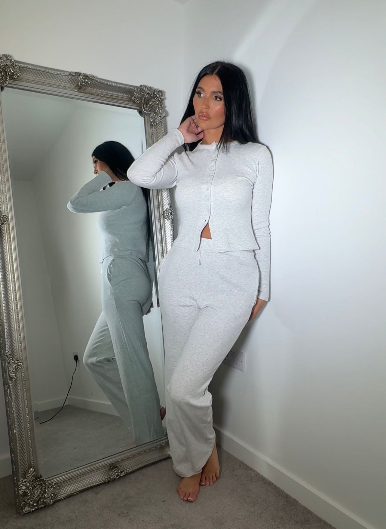 Ladies woman’s grey Mae ribbed button up loungewear sets