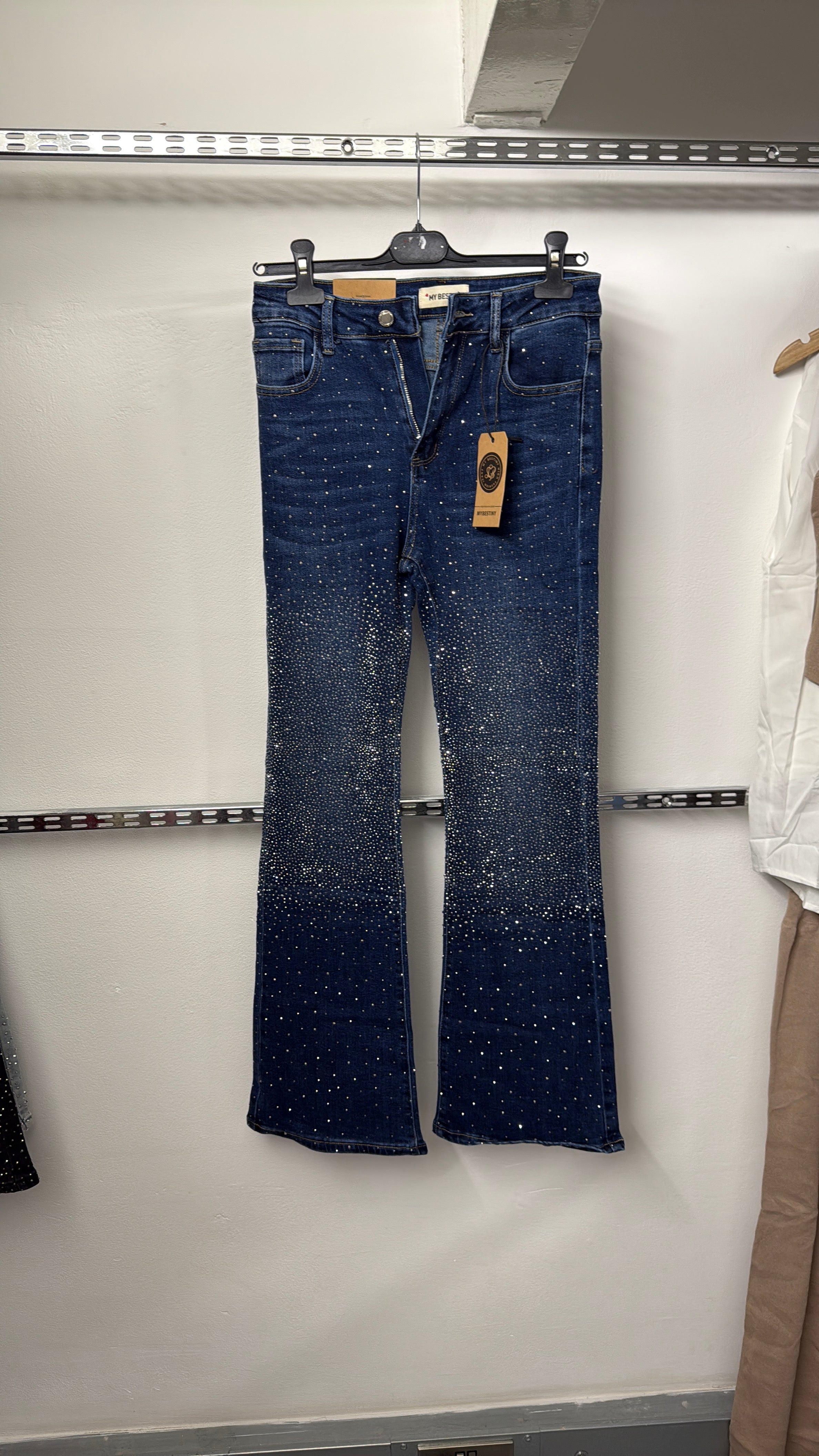 Ladies woman’s diamanté flared leg dark denim jeans