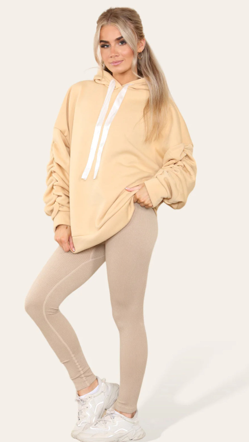 Our Cally ruched arm beige hoody and ribbed leggings combo set