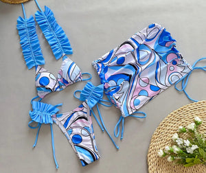 Our sienna blue ruched 3 pc bikini swimwear set