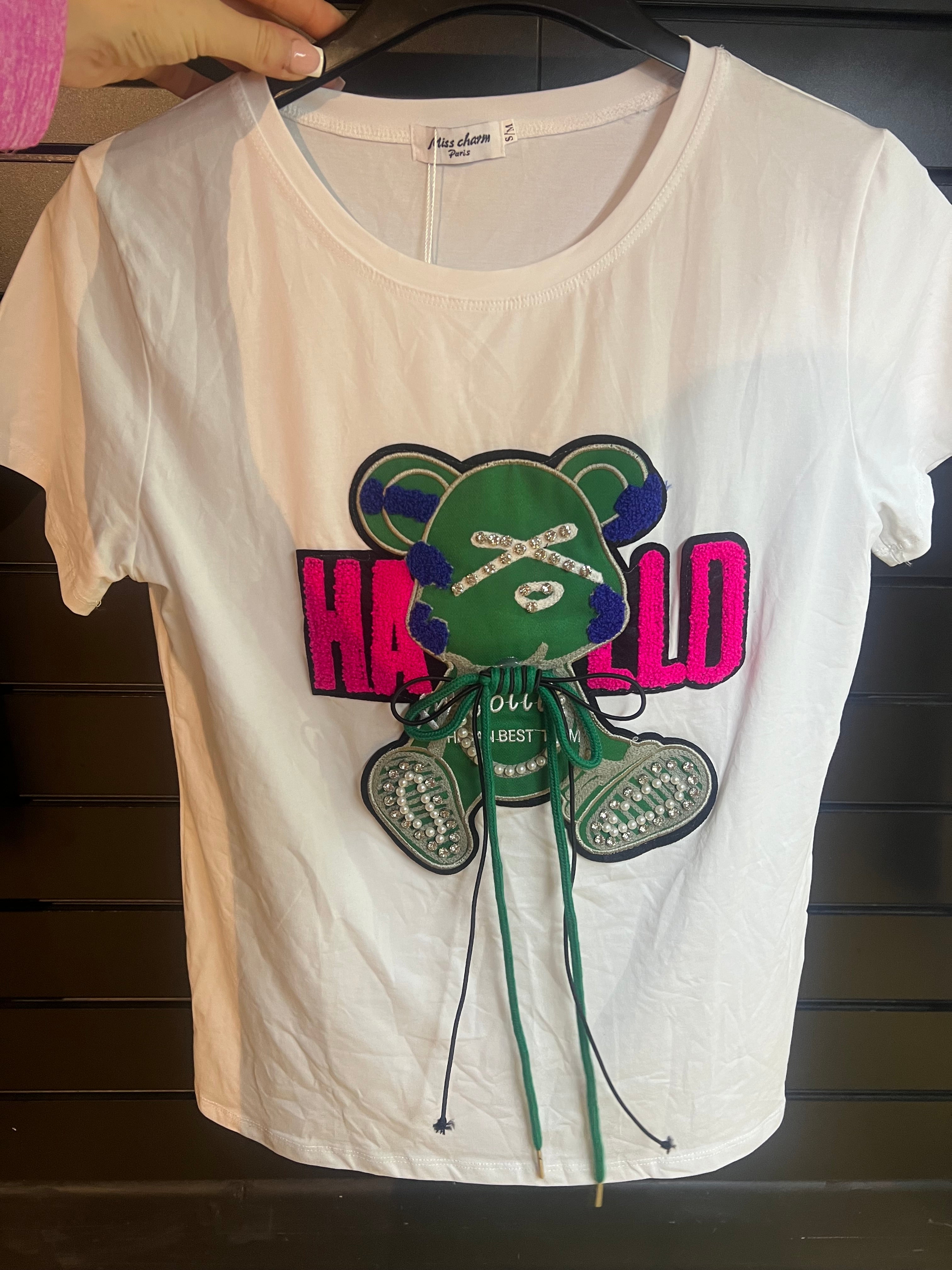Our green ribbon diamanté teddy tshirt tops