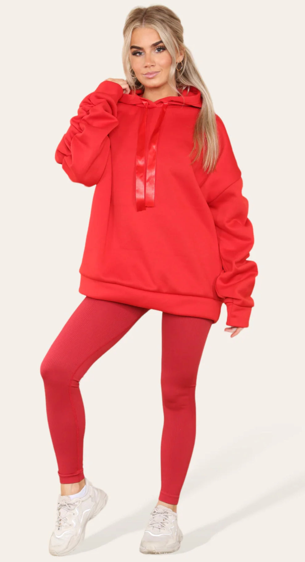 Our Cally ruched arm red hoody and ribbed leggings combo set