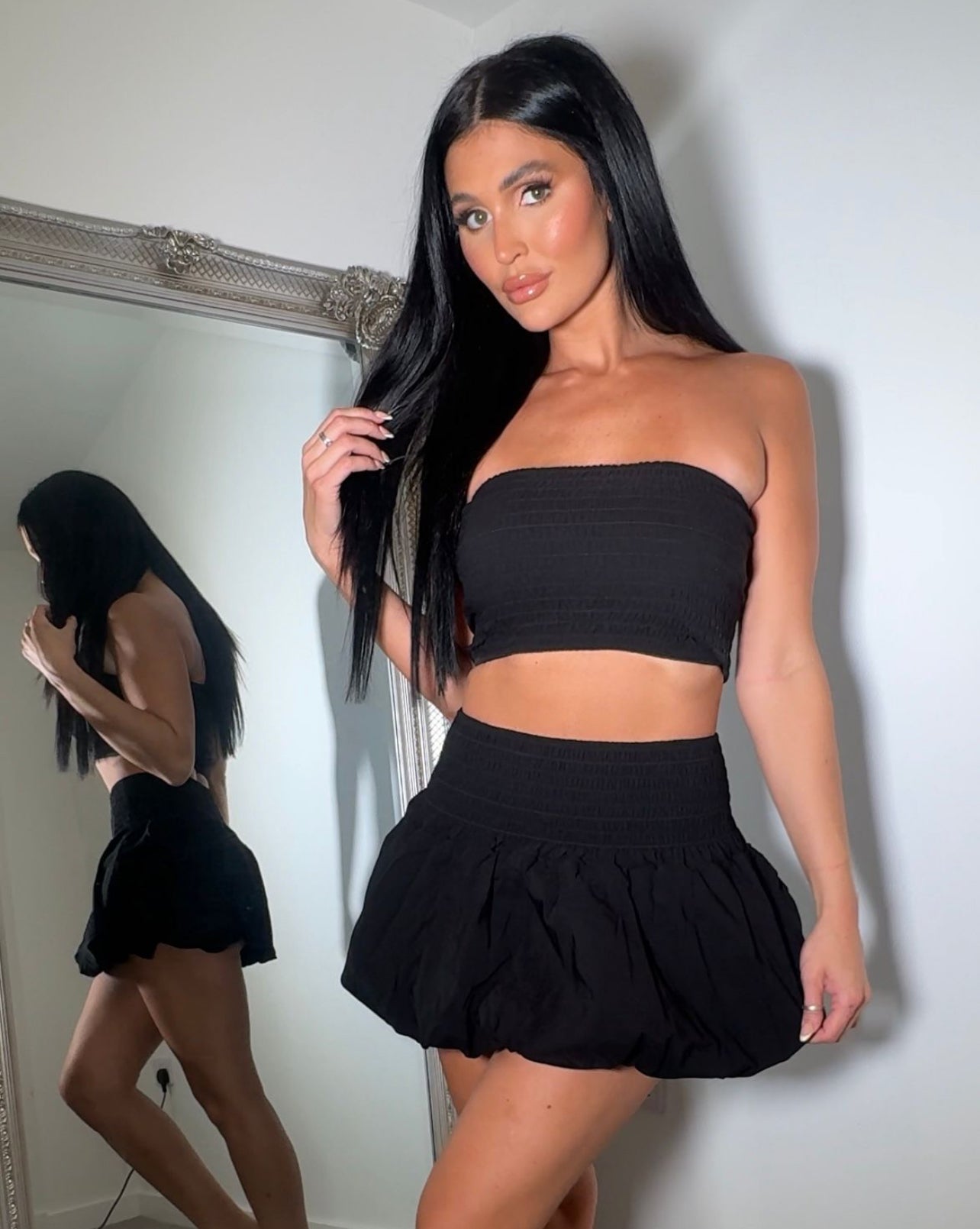 Our Katie black puffball skirt and top summer sets