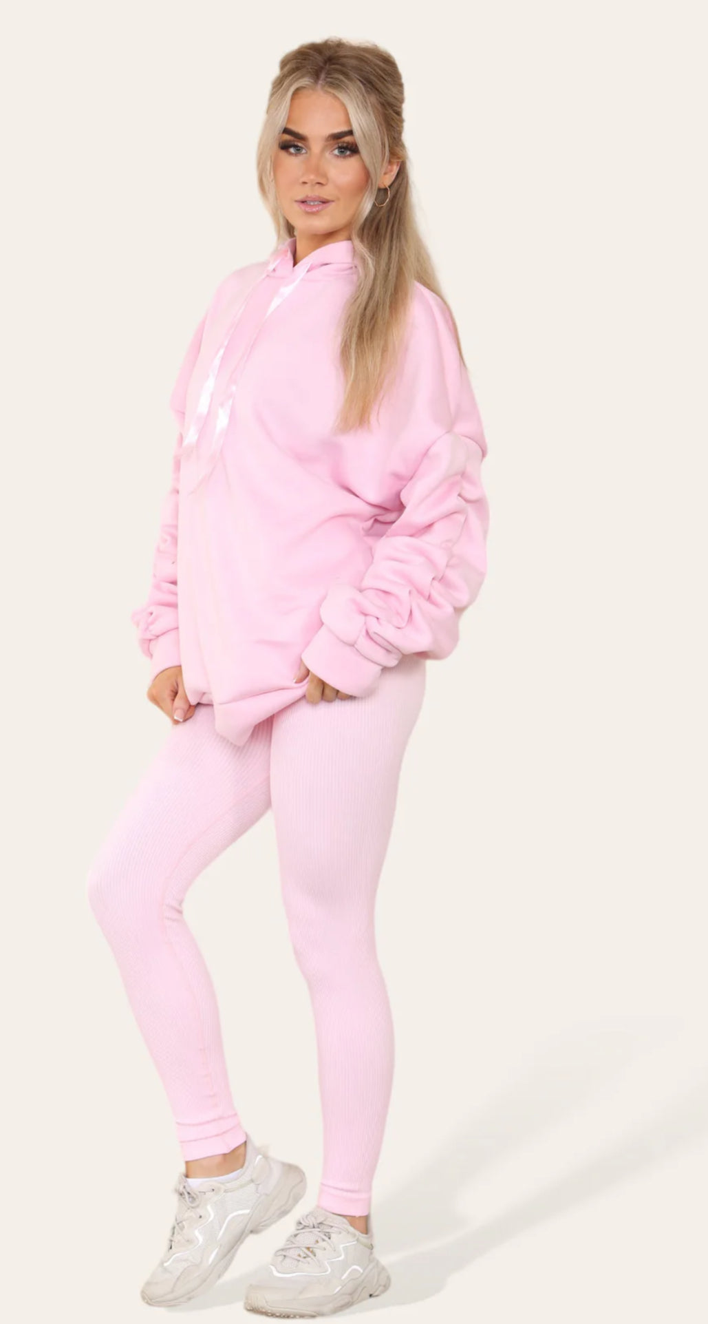 Our Cally ruched arm pink hoody and ribbed leggings combo set
