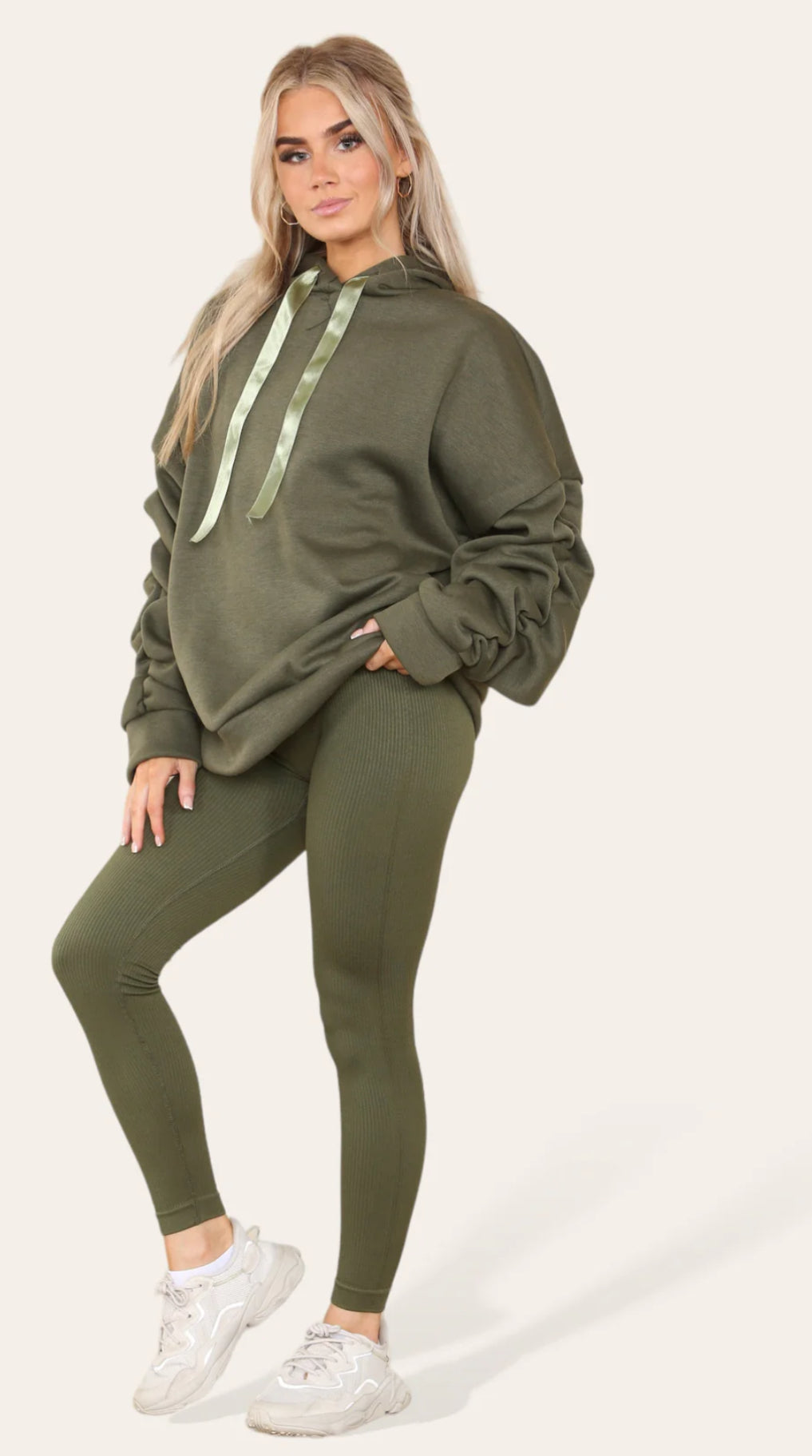 Our Cally ruched arm khaki hoody and ribbed leggings combo set