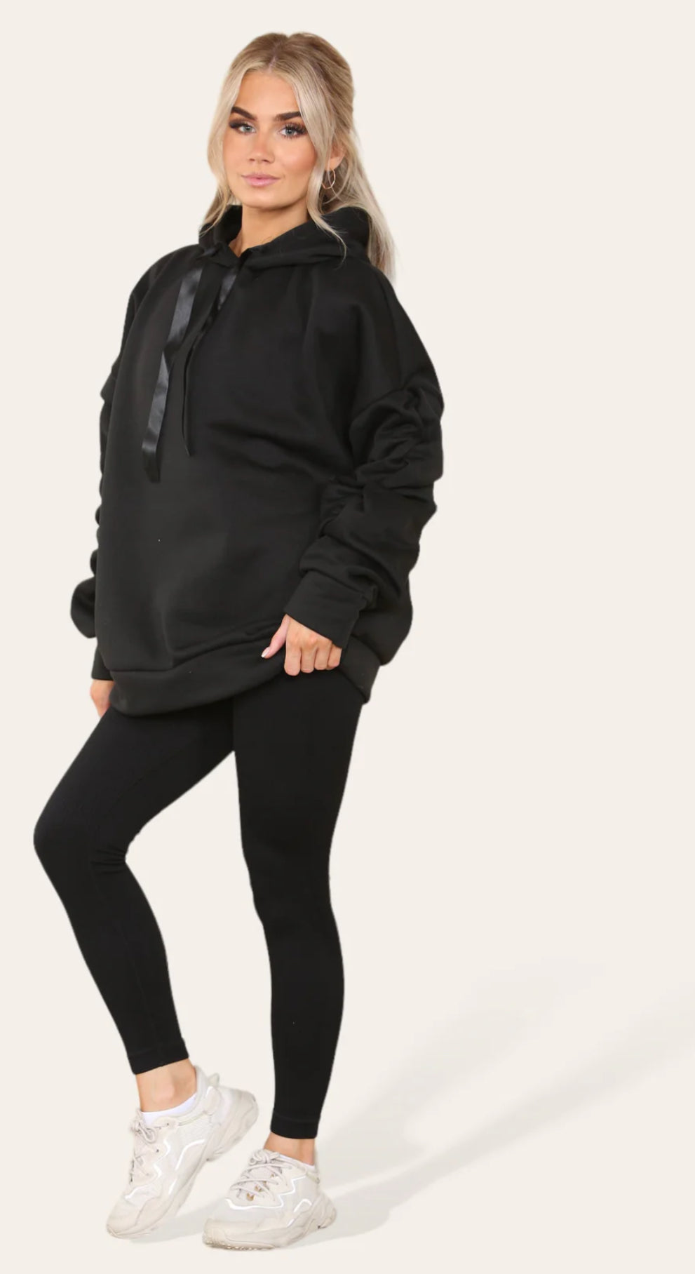 Our Cally ruched arm black hoody and ribbed leggings combo set