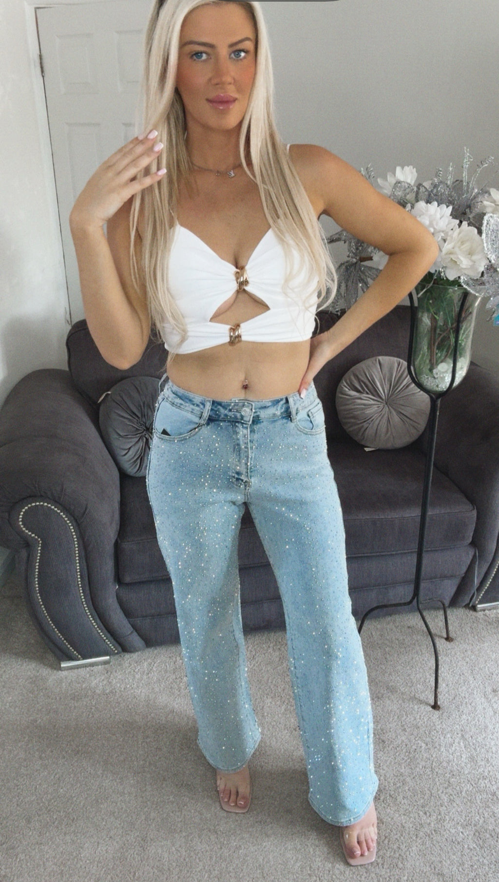 Our Tara diamanté stretchy denim jeans black or denim blue