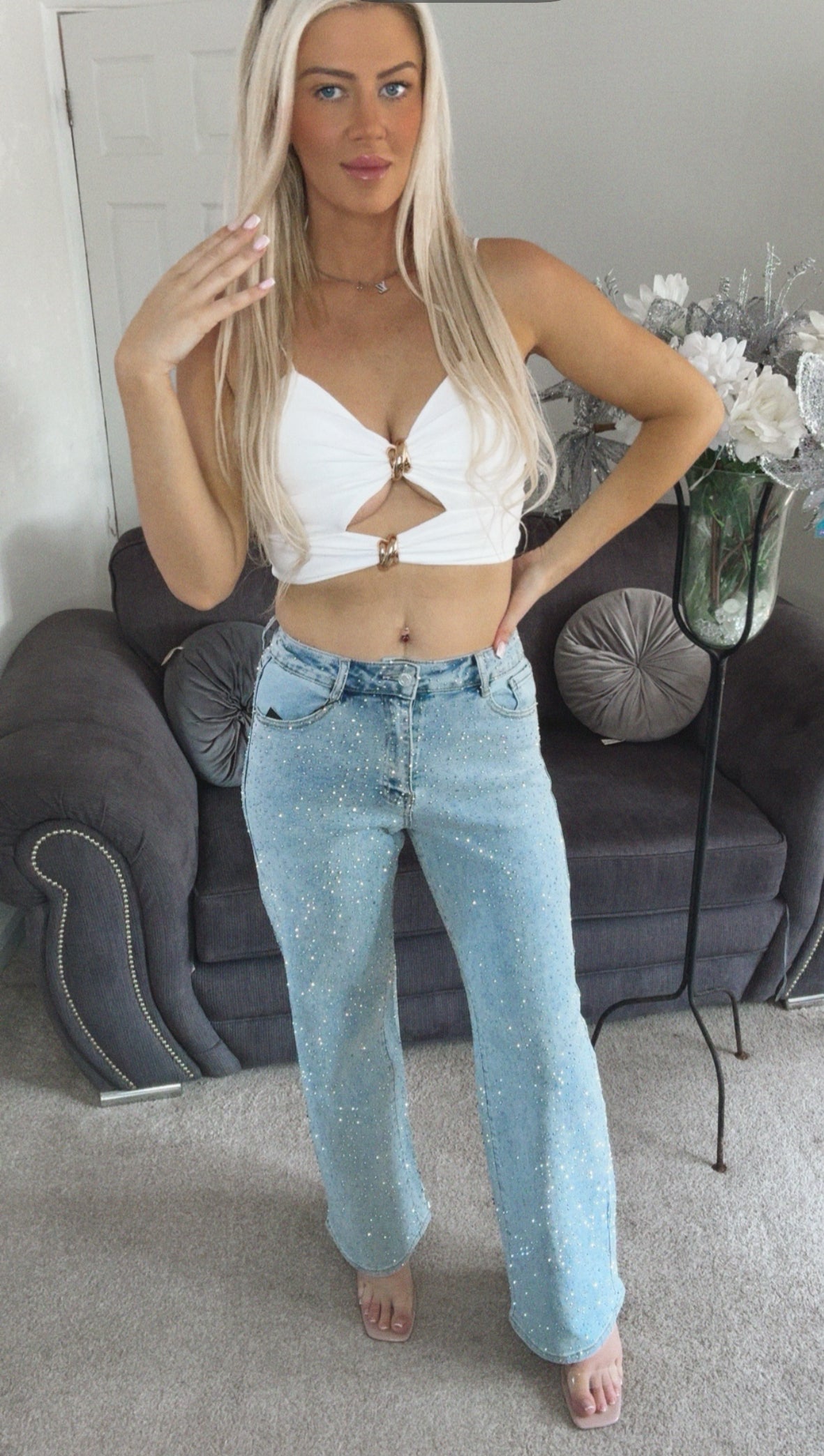Our Tara diamanté stretchy denim jeans black or denim blue