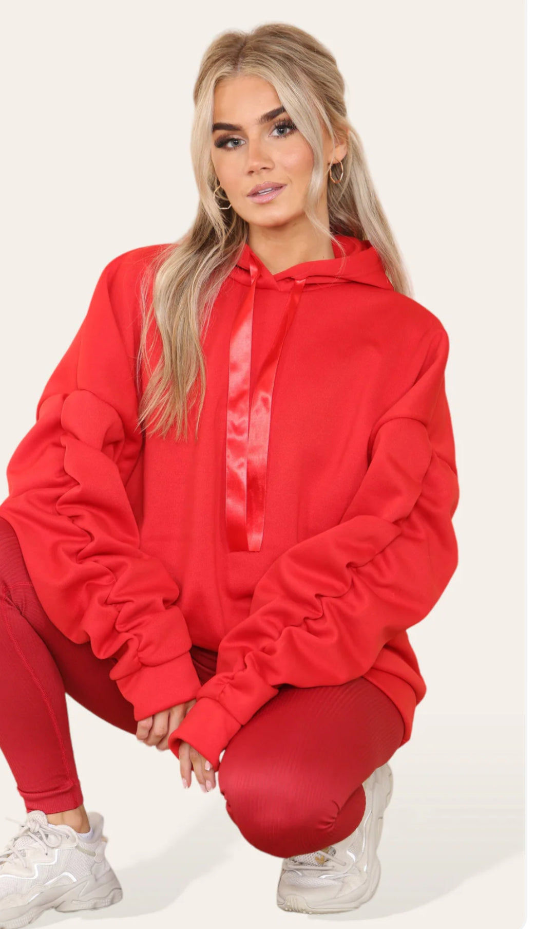 Our Cally ruched arm red hoody and ribbed leggings combo set