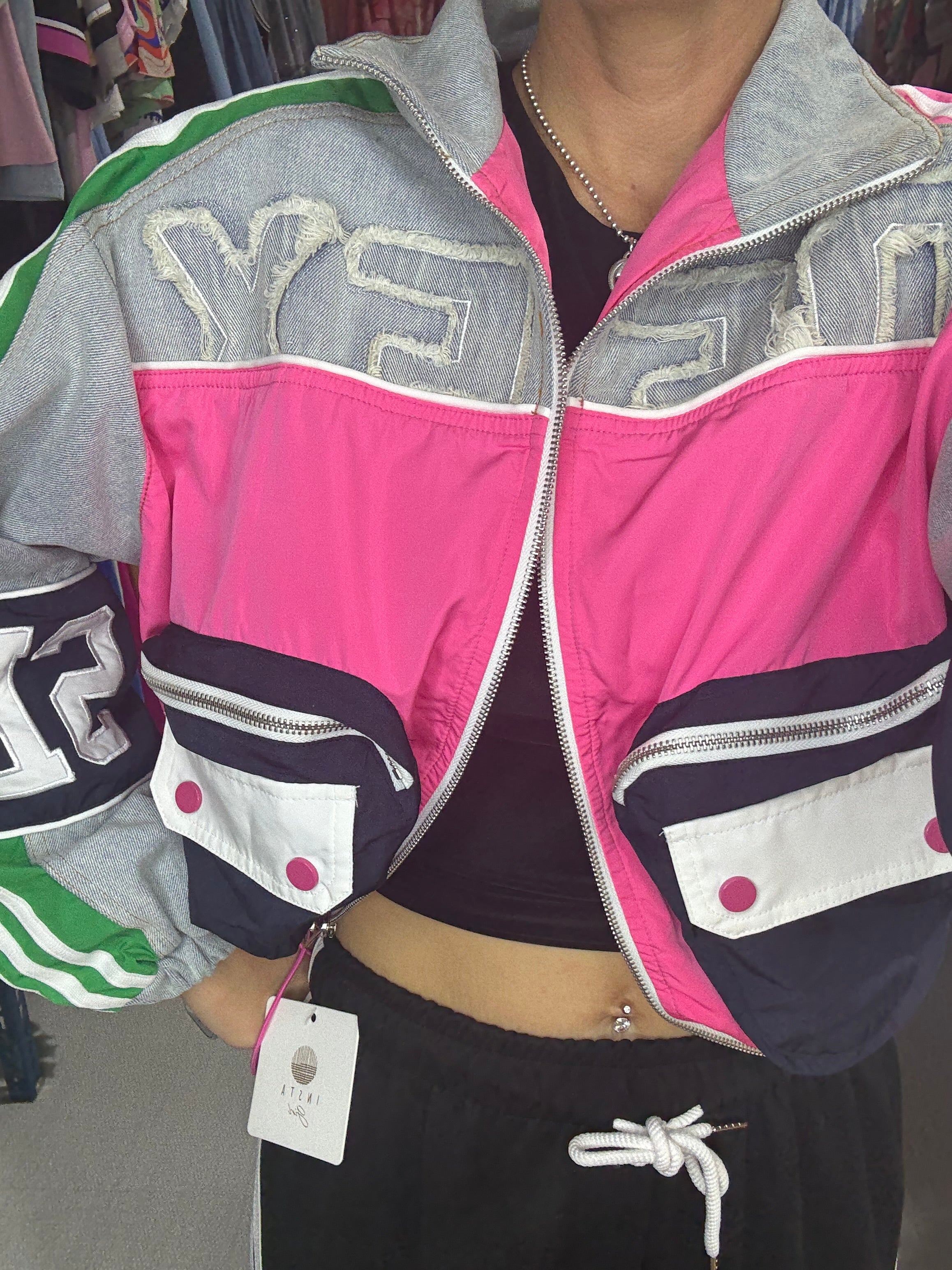 Our oversized denim patchwork jackets one size