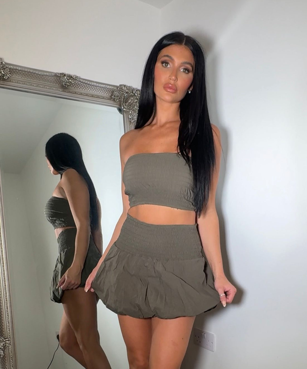 Our Katie khaki puffball skirt and top summer sets