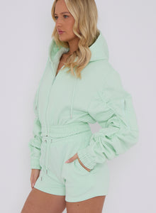 Ladies mint green woman’s ruched sleeve summer hoody and shorts sets