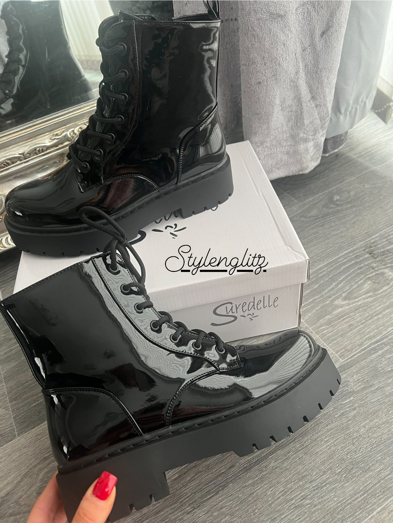 Our patent tie up zip chunky sole boots