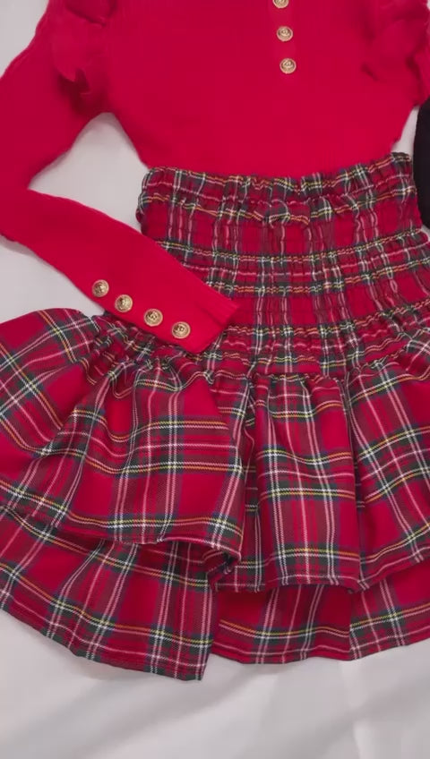 Our Regan ra ra skirts (red tartan or beige print)