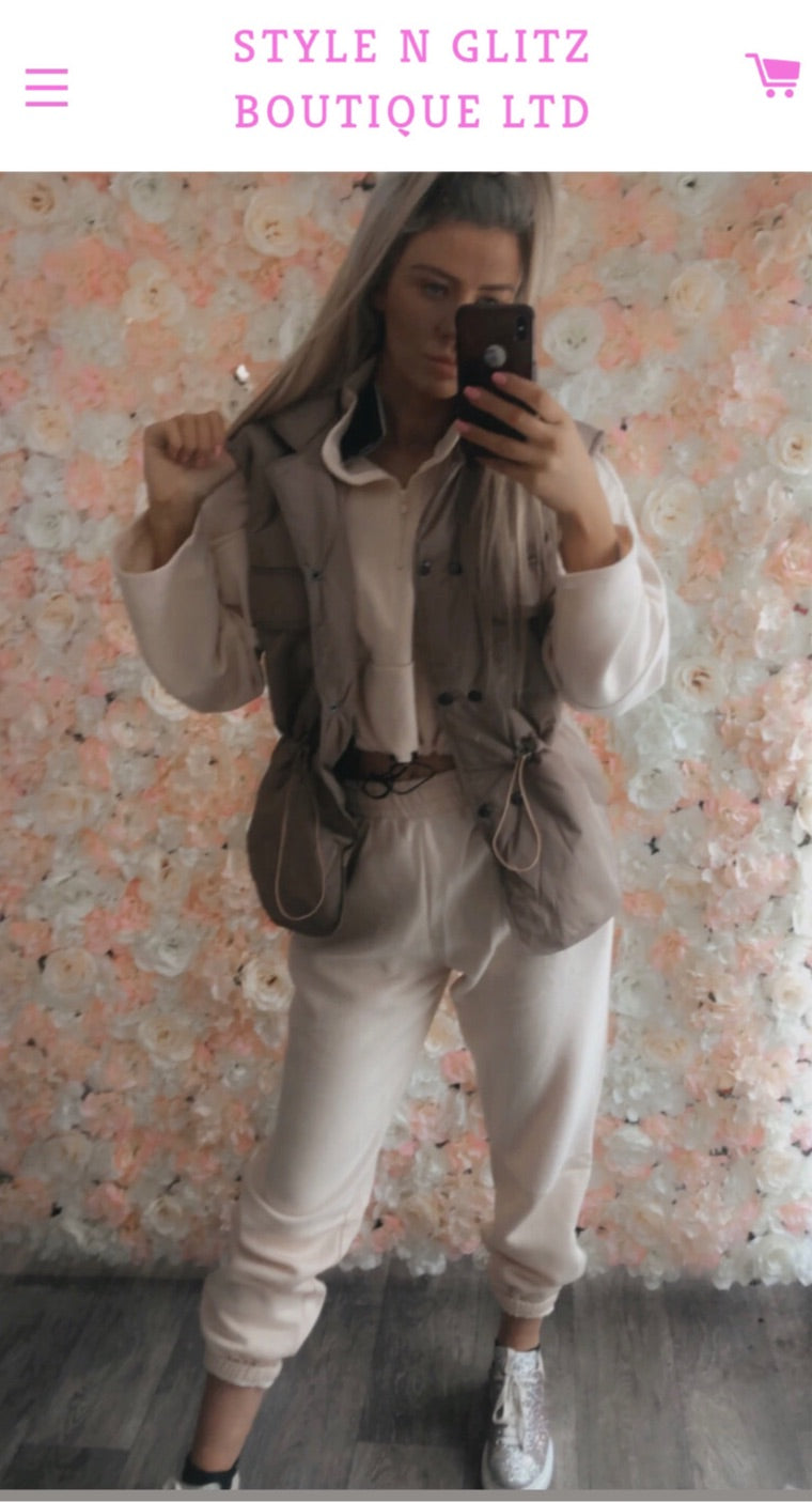 Our beige 3 pc loungewear and gilet sets
