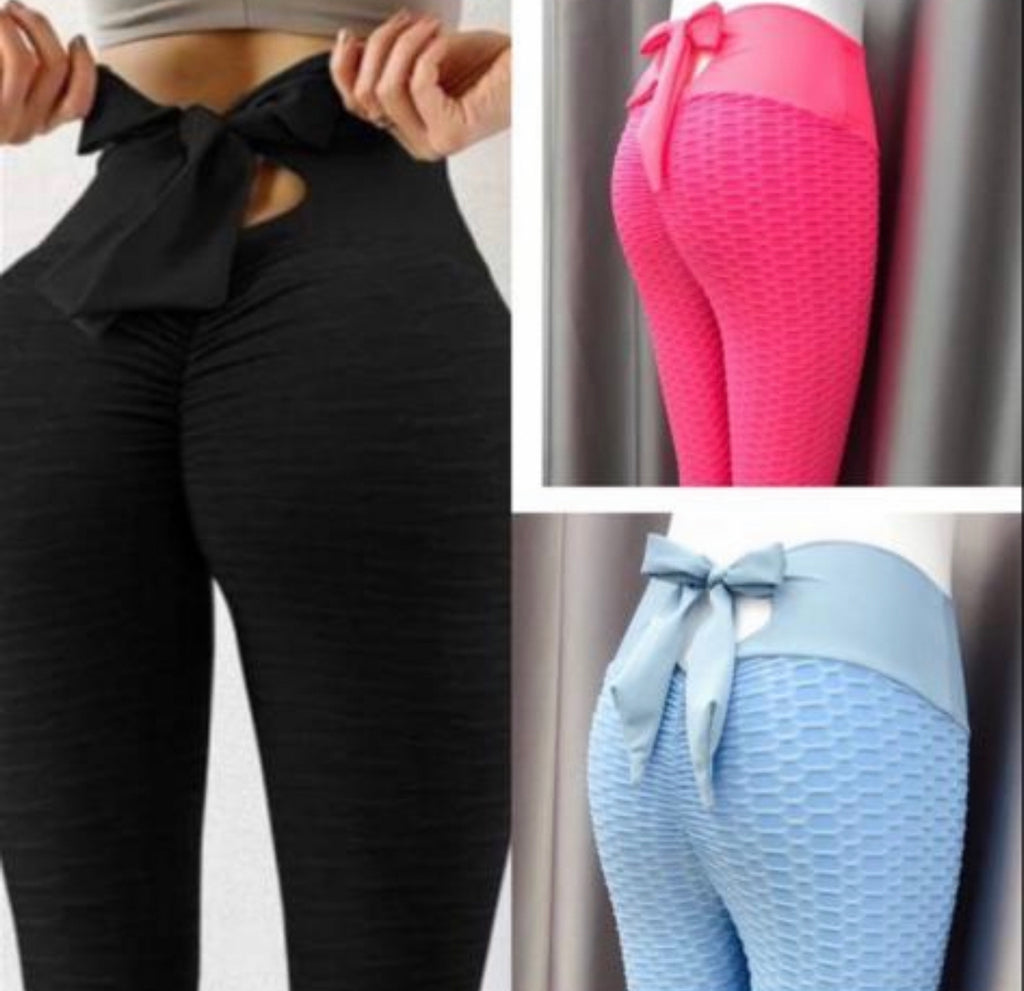 Ladies anti cellulite tie waist bum scrunch leggings
