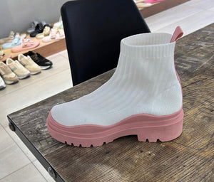 Ladies pink and white chunky sole boots