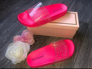 Our diamanté neon pink sliders